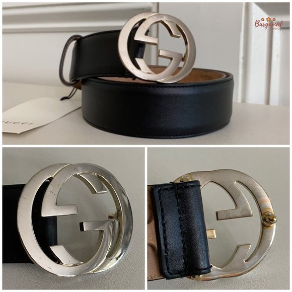Authentic Gucci Black Calfskin Leather Silver Interlocking G Buckle Belt 75/30 main image 6